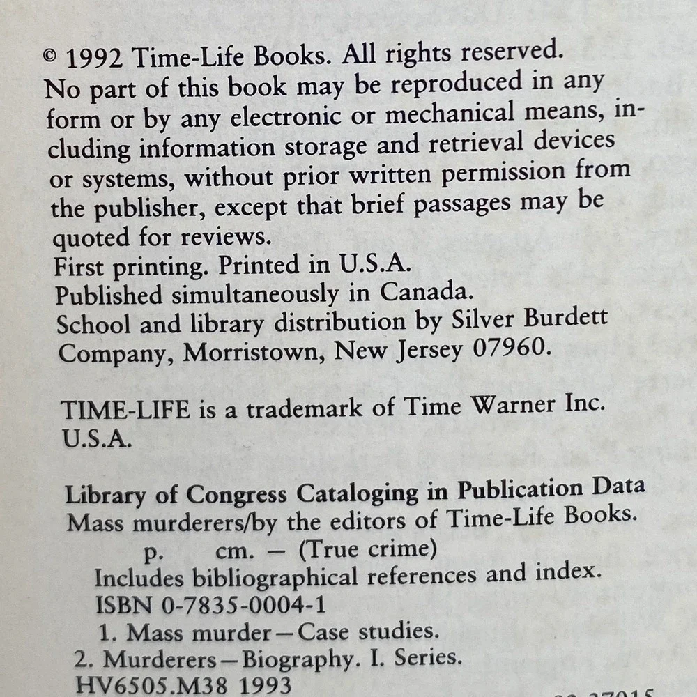1992 Mass Murderers Hard Cover Book True Crime‎ Time Life Photos Coffe Table